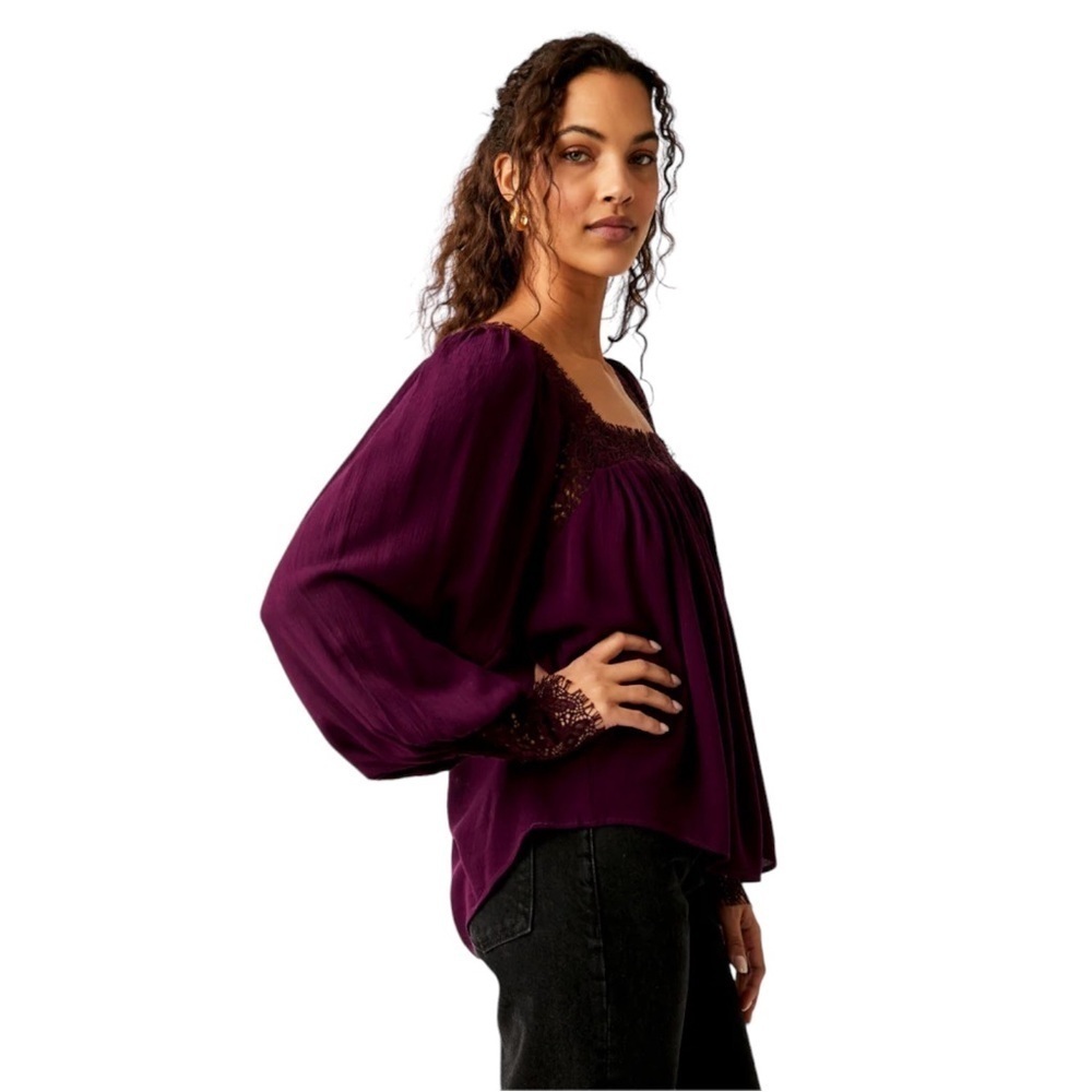 Free People Flutter By Peasant Lace Trim Square Neckline Blouse in Plum - Picture 2 of 13
